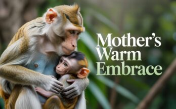 Baby monkey resting safely between mother and father on tree roots near Angkor Wat temple forest.